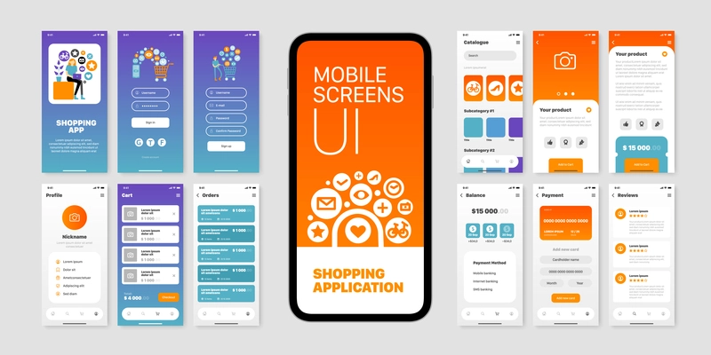 Mobile screens set with user interface of shopping application isolated flat vector illustration