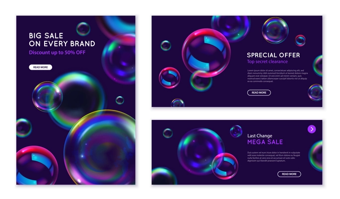 Soap bubbles marketing realistic banners set with special offer symbols isolated vector illustration