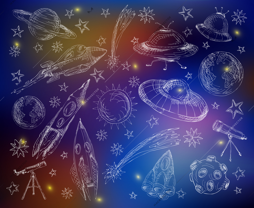 Space and astronomy sketch outline elements set isolated on colored background vector illustration