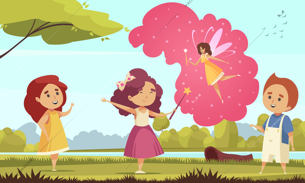 Children dreaming girl fairy composition with outdoor landscape and group of children with magical thought bubbles vector illustration