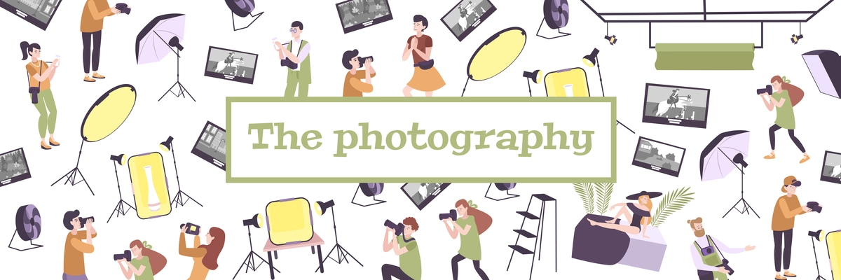 Photo school photography education pattern flat composition with text people and isolated icons of professional equipment vector illustration