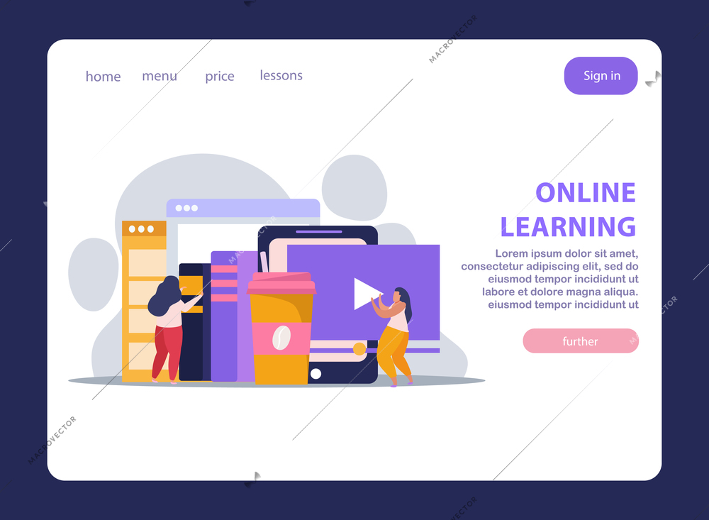 E-learning home schooling flat landing page with books and windows clickable links text and buttons vector illustration