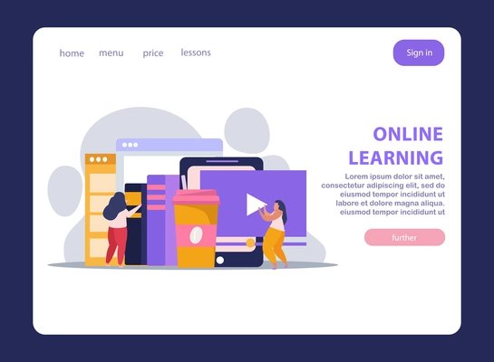 E-learning home schooling flat landing page with books and windows clickable links text and buttons vector illustration