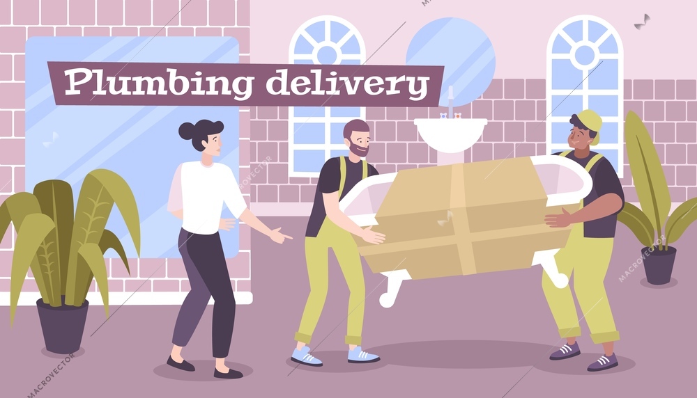 Plumbing delivery flat composition with text and flat human characters moving new bath to the bathroom vector illustration