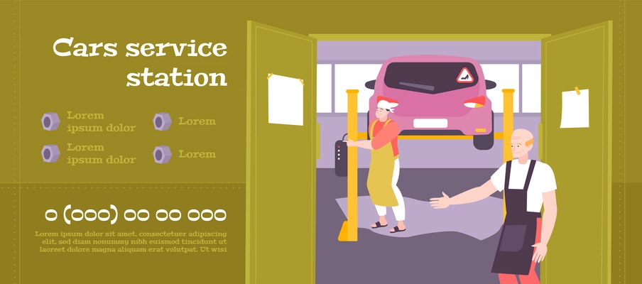 Cars service station horizontal banner with flat auto repair shop scenery with people and advertising text vector illustration