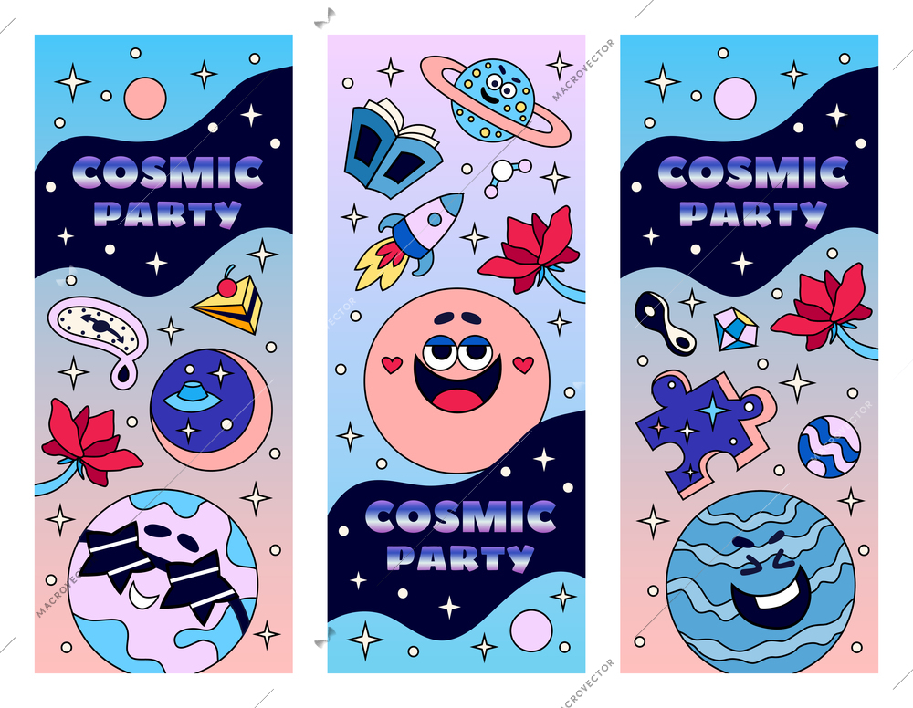 Cosmic party coloring bookmarks 3 funny big bang universe elements vertical banners with laughing planets vector illustration