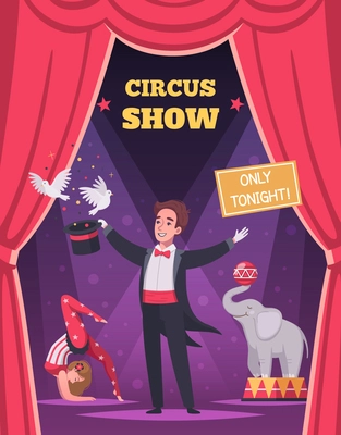 Circus program poster with amazing show symbols cartoon vector illustration