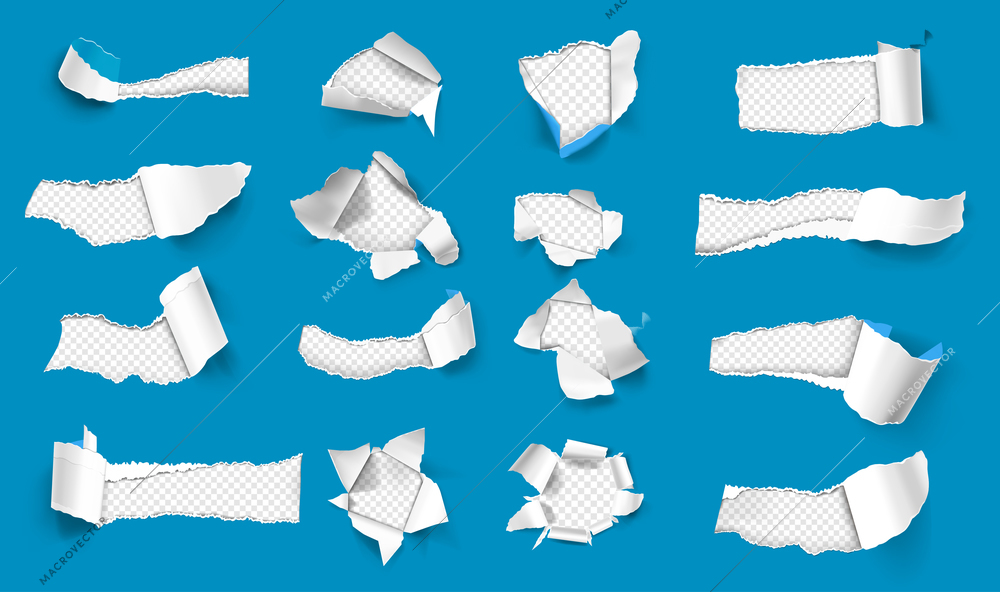 Blue torn paper set isolated on transparent background vector illustration