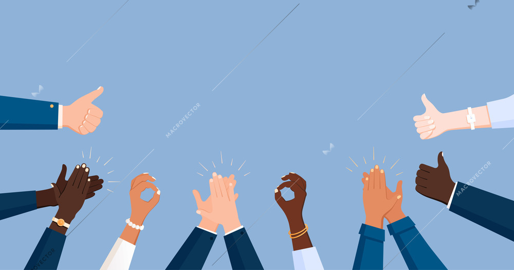 Clapping ok heart business hands applause flat frame composition with office workers human hands of colour vector illustration