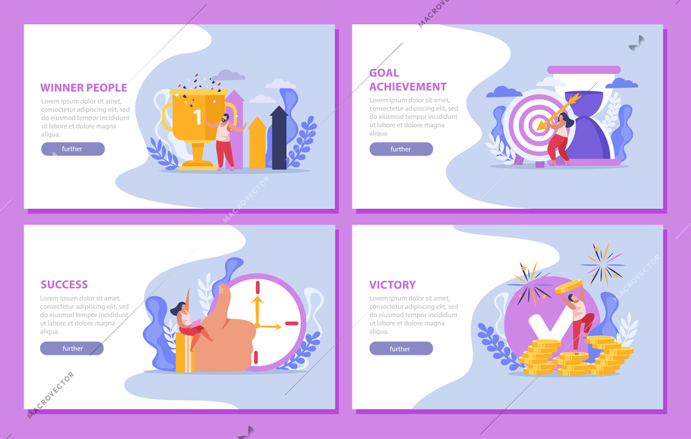 Winner people flat 4x1 set of horizontal compositions with aims and achievements icons people and text vector illustration