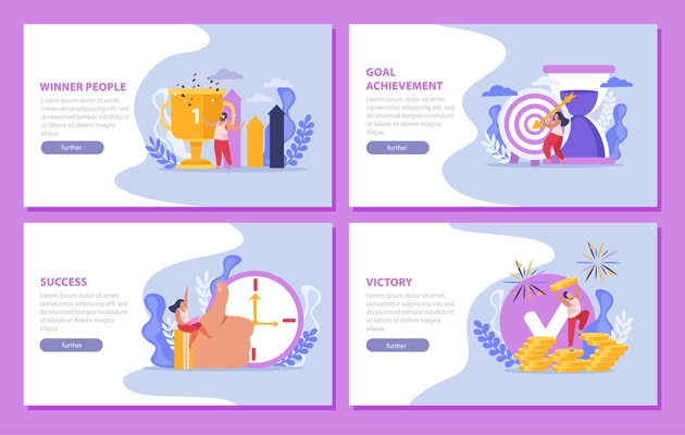 Winner people flat 4x1 set of horizontal compositions with aims and achievements icons people and text vector illustration