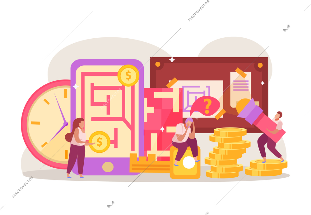 Quest game flat composition with stacks of coins and labirynth map on smartphone screens with people vector illustration