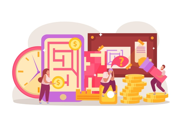 Quest game flat composition with stacks of coins and labirynth map on smartphone screens with people vector illustration