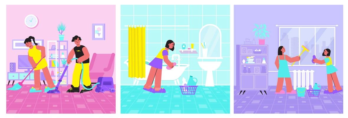 Spring cleaning 3 square flat compositions set with scrubbing bathtub washing windows vacuuming sweeping floor vector illustration