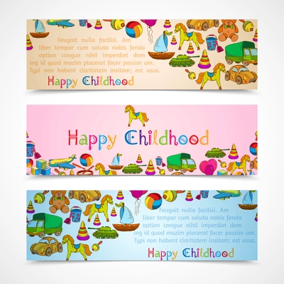 Vintage colored sketch outline kids toys happy childhood horizontal banners set isolated vector illustration