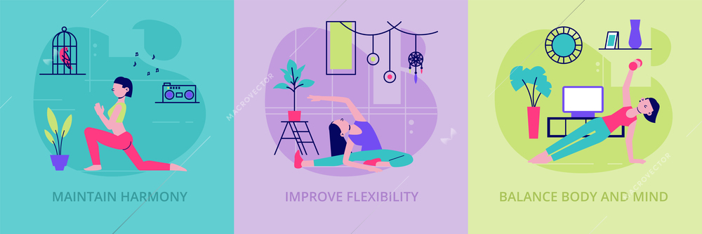 Balance your body mind soul home 3 flat compositions with stretching workout fitness yoga for women vector illustration