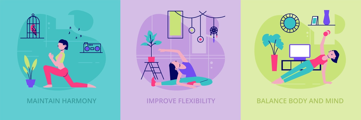 Balance your body mind soul home 3 flat compositions with stretching workout fitness yoga for women vector illustration