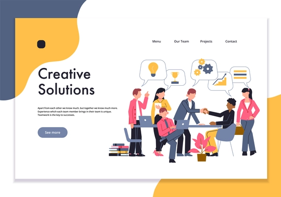 Teamwork concept horizontal banner for website landing page with editable text links people and thought bubbles vector illustration