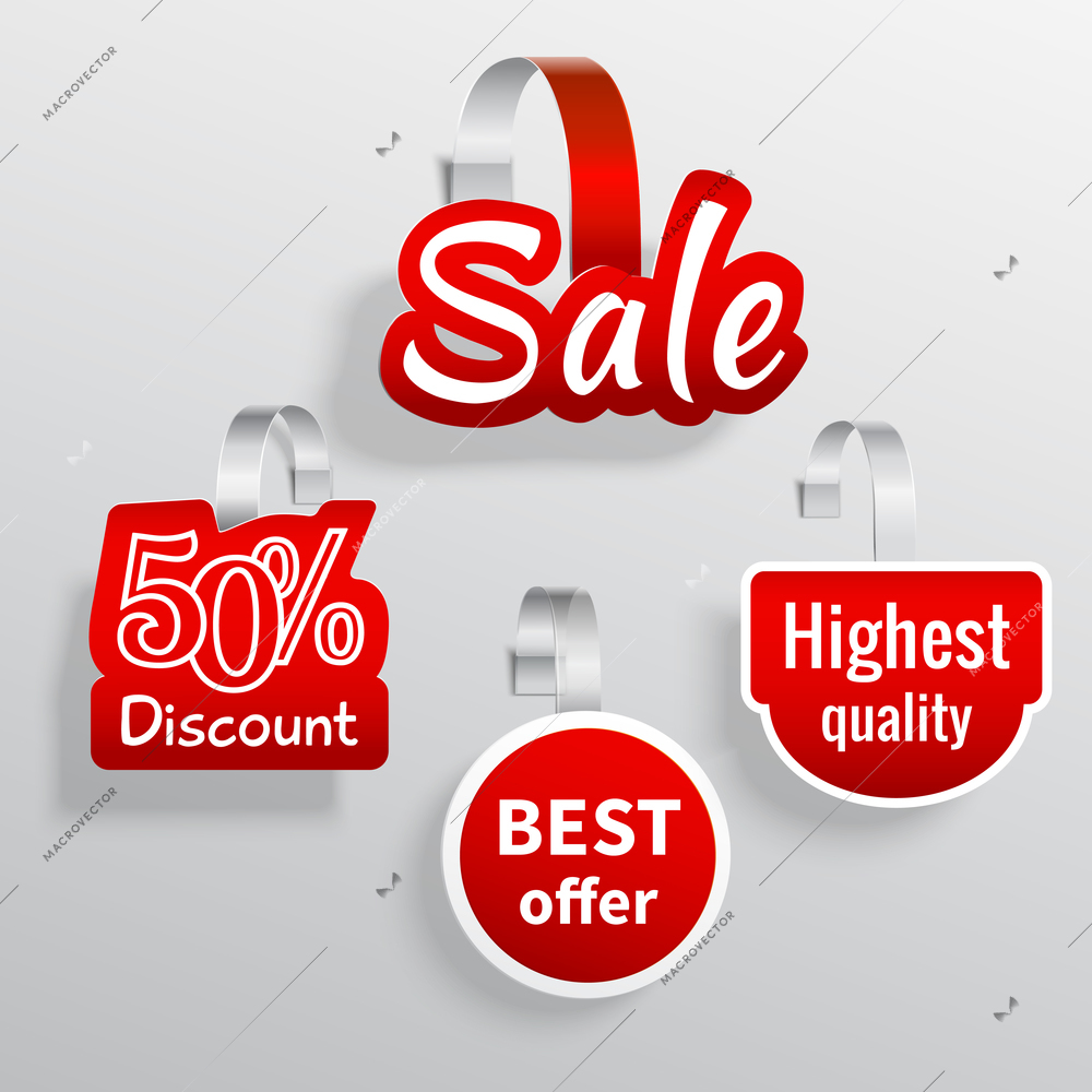 Red color sale discount promotion wobbler set isolated vector illustration