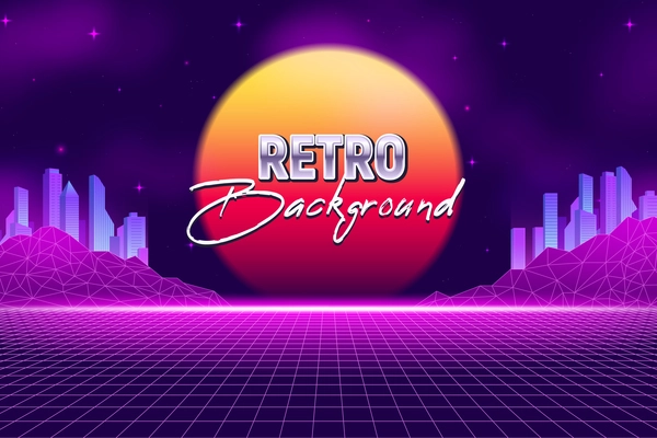 Realistic retro wave party horizontal poster with text background and virtual reality landscape with neon skyscrapers vector illustration