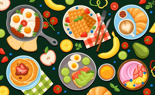 Coloring breakfast chalkboard composition with set of differently served dishes with eggs fruits and sweet pancakes vector illustration