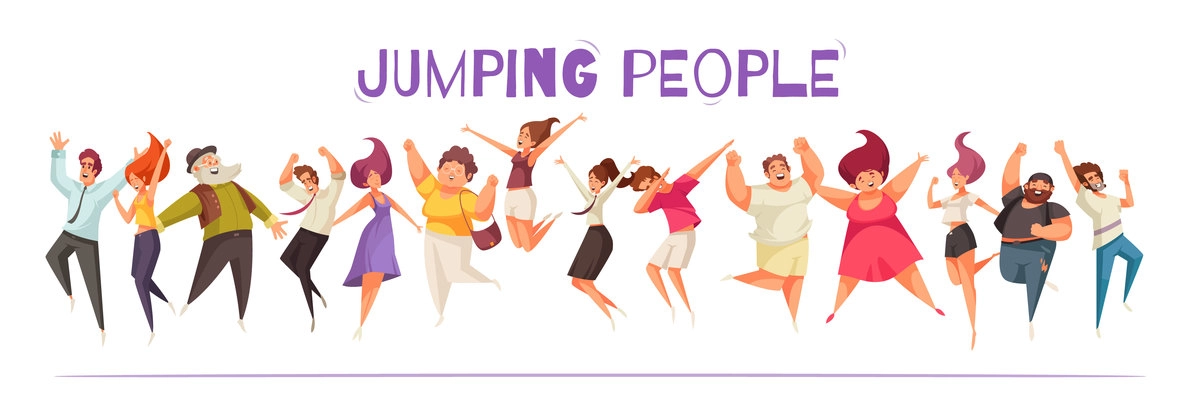 Joyful jumping people set with happiness symbols flat isolated vector illustration