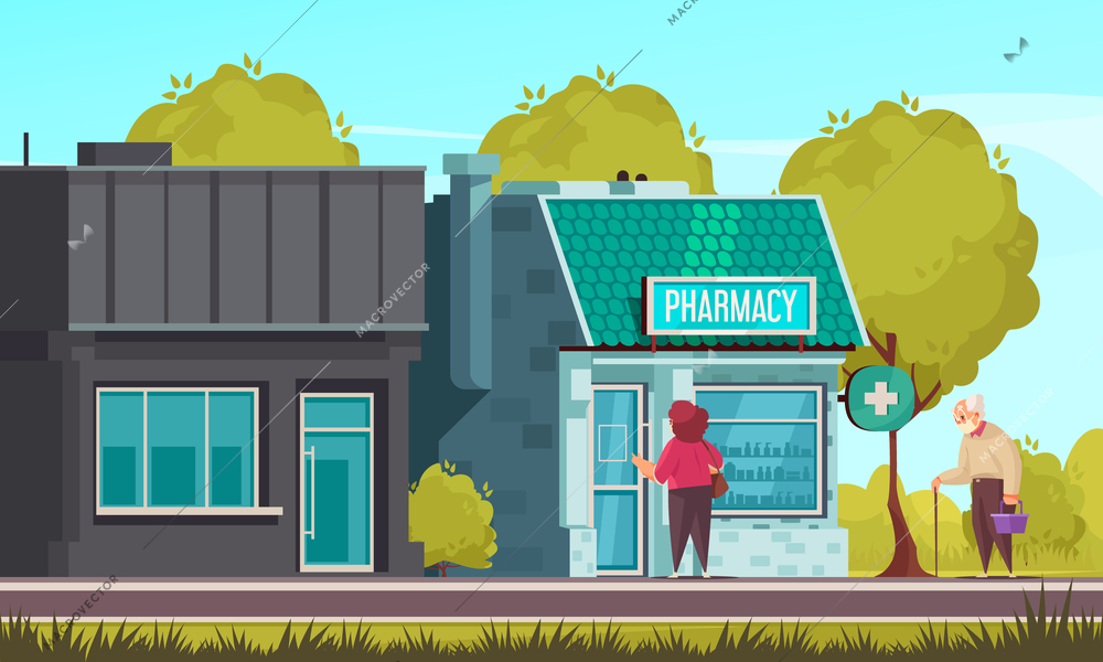 Pharmacy building background with medicine store symbols flat vector illustration