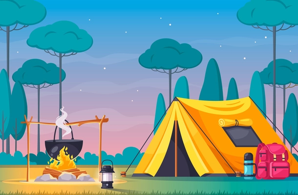 Camping site with tent fire and equipment cartoon composition vector illustration