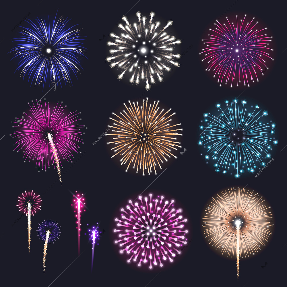 Festive colored fireworks bursting on black background realistic isolated vector illustration