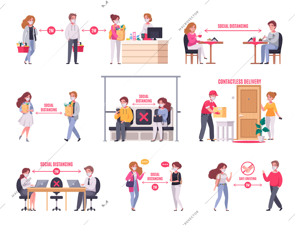 Cartoon icons set with people keeping social distancing in transport shop at work isolated vector illustration