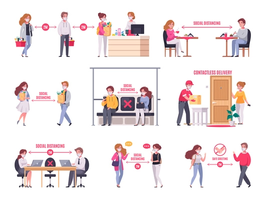 Cartoon icons set with people keeping social distancing in transport shop at work isolated vector illustration