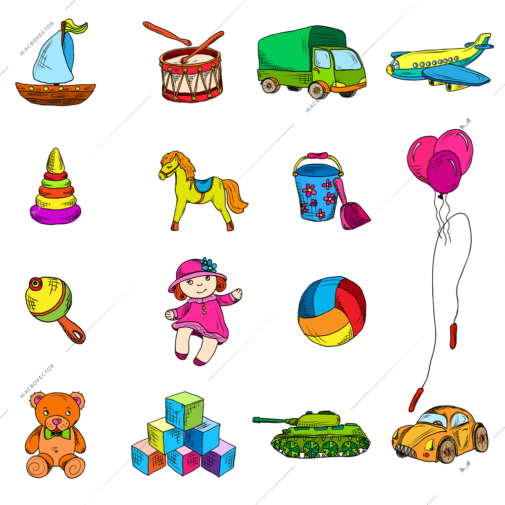 Vintage kids toys color sketch icons set of yacht drum truck airplane isolated vector illustration.