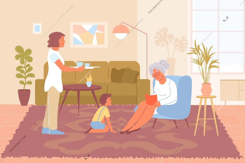 Living room interior with patterned carpet on floor and three people flat vector illustration