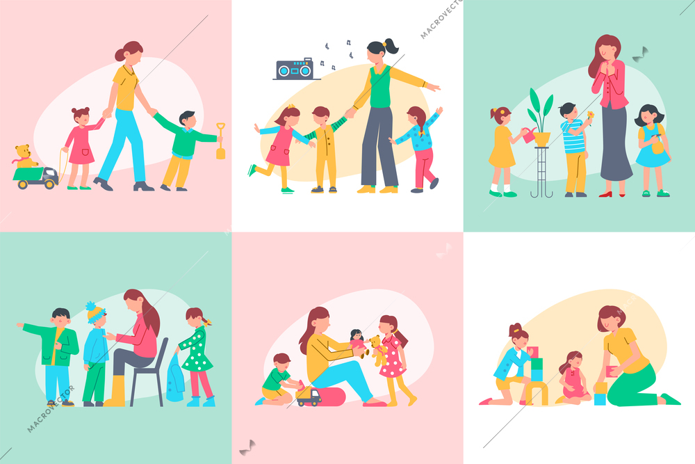 Kindergarten design concept with set of square compositions with human characters of kids and nursery teacher vector illustration