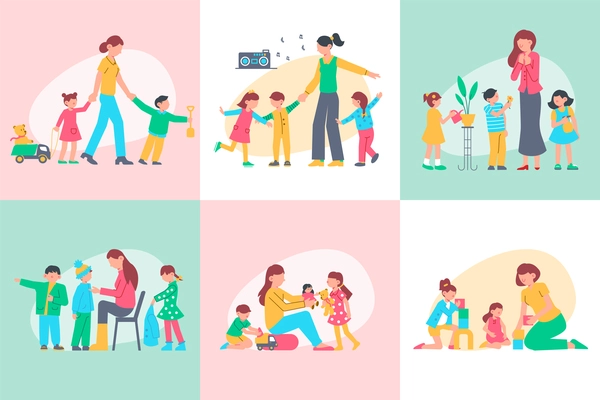 Kindergarten design concept with set of square compositions with human characters of kids and nursery teacher vector illustration