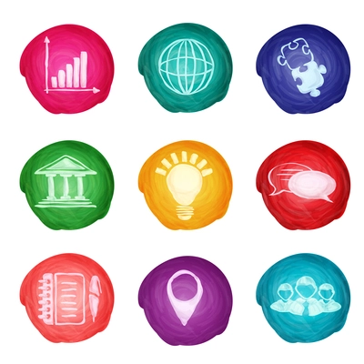 Watercolor round business icons set of chart puzzle globe isolated vector illustration.