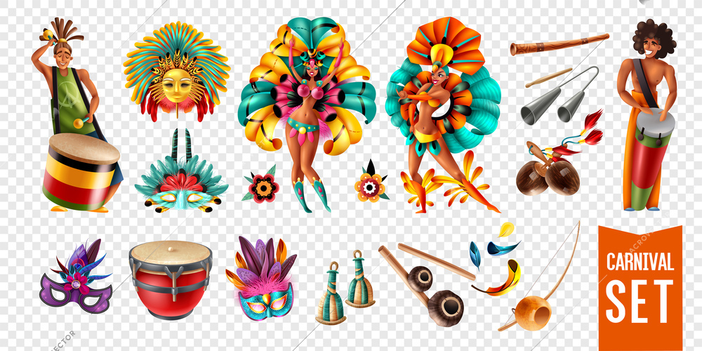 Brazil carnival participants musical instruments masks icons set isolated on transparent background realistic vector illustration