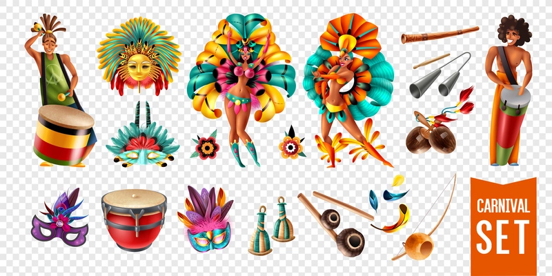 Brazil carnival participants musical instruments masks icons set isolated on transparent background realistic vector illustration