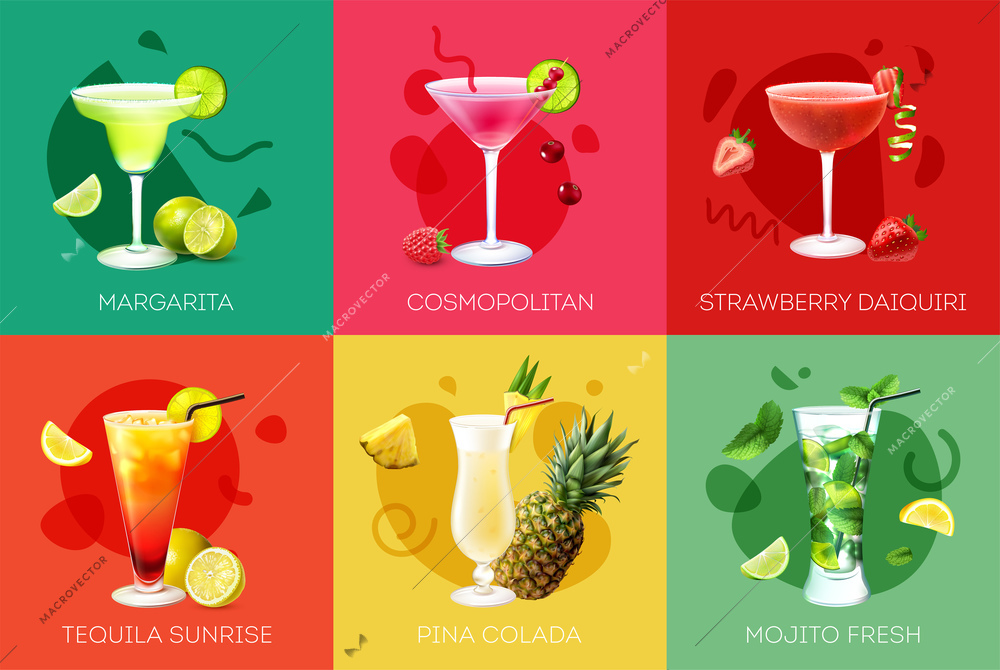 Realistic design concept with different alcoholic cocktails fruit berries isolated on colorful background vector illustration