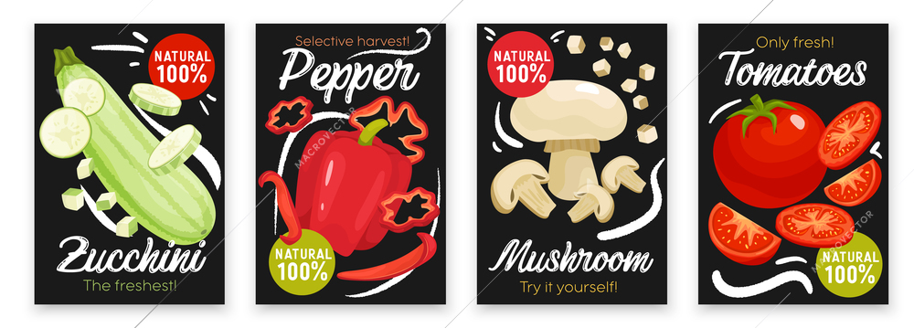 Sliced vegetables chalkboard poster set with pepper mushroom and tomatoes flat isolated vector illustration