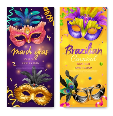 Two realistic carnival mask vertical banner set mardi gras and brazilian carnival headlines vector illustration