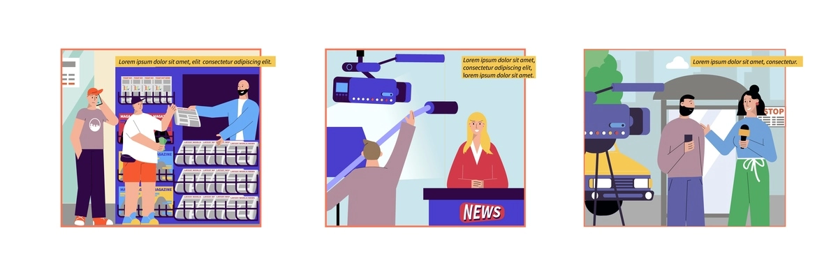 News set of flat compositions with news stall images reporter and newscaster characters with editable text vector illustration