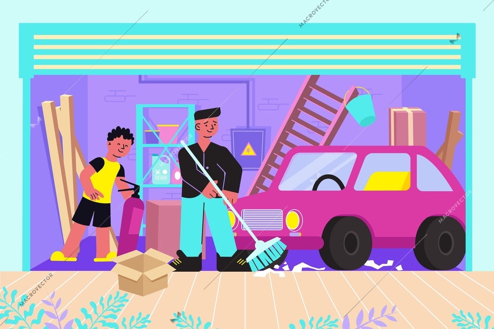 Cleaning messy garage of junk flat composition with father son sweeping floor removing clutter vector illustration