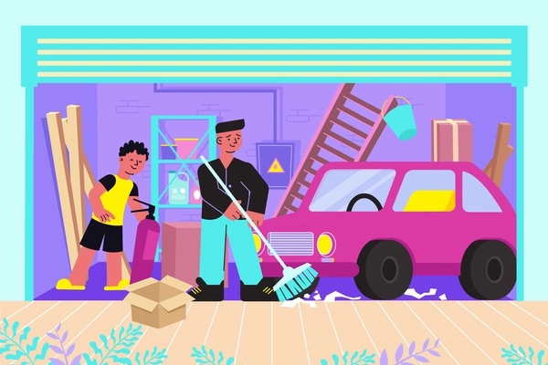 Cleaning messy garage of junk flat composition with father son sweeping floor removing clutter vector illustration