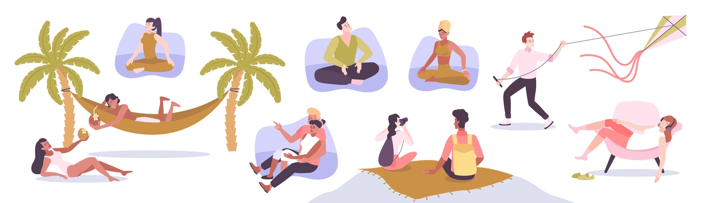 Relaxation flat set of people having summer vacation on ocean coast isolated vector illustration