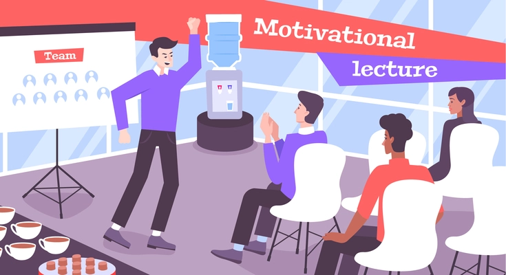 Motivational lecture flat  background with business people attending professional training with high skilled coach vector illustration