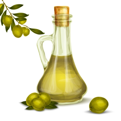 Organic natural food olive oil in glass bottle with tree branch poster vector illustration