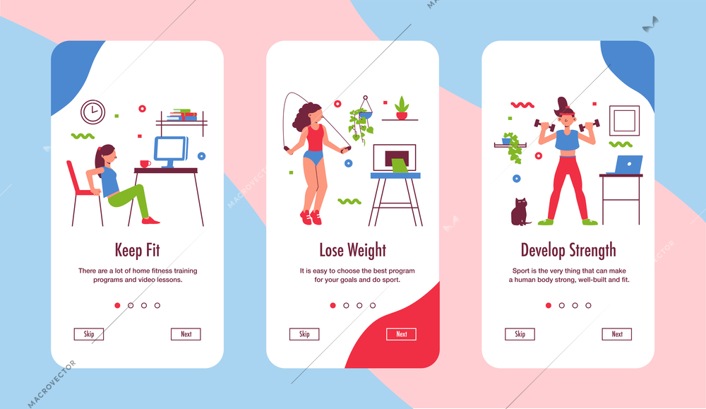 Keep fit while working from home 3 smartphone screens set with yoga fitness strength exercises vector illustration