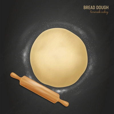 Realistic bread dough flour background with text and composition of flatten dough flour and rolling pin vector illustration