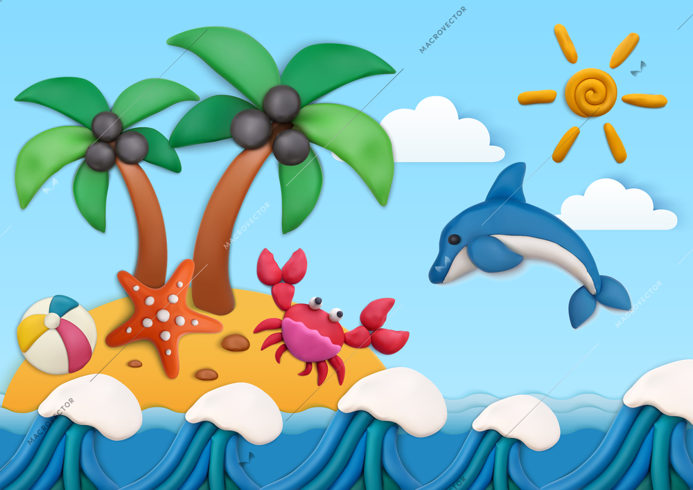 Plasticine summer time background with sea life symbols vector illustration